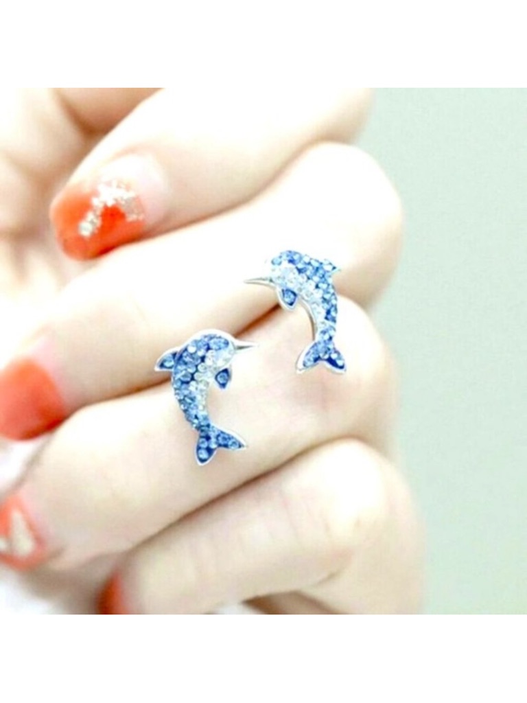 Adorable 925 Silver Cultured White & Blue Sapphire Dolphin Studs New